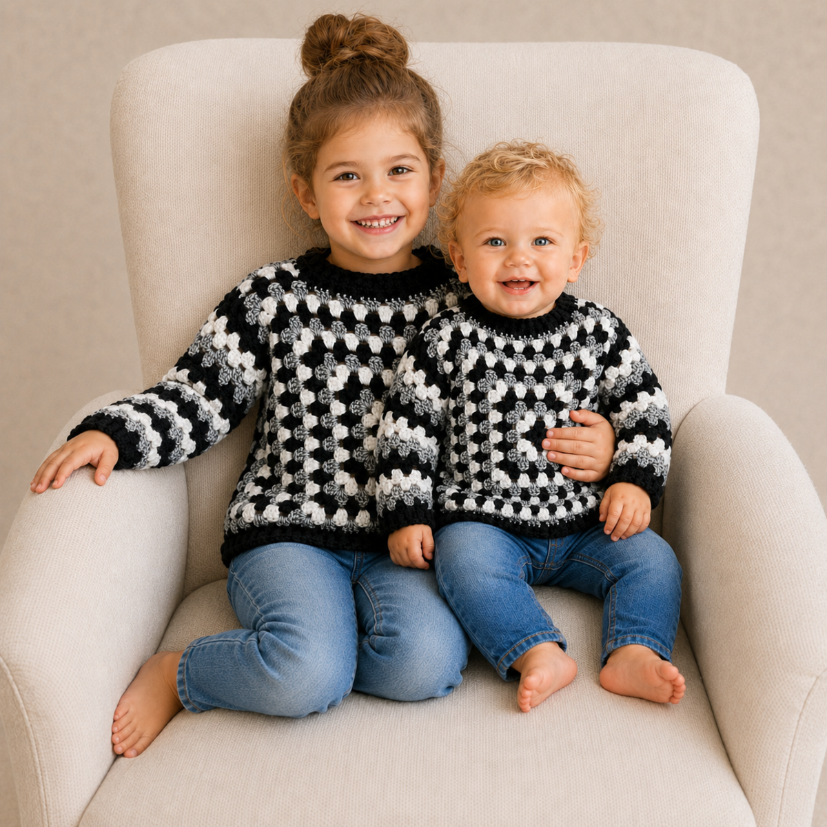 Child and baby wearing black-and-white granny-square crochet sweaters on a cream chair for a 0–12Y digital pattern PDF.