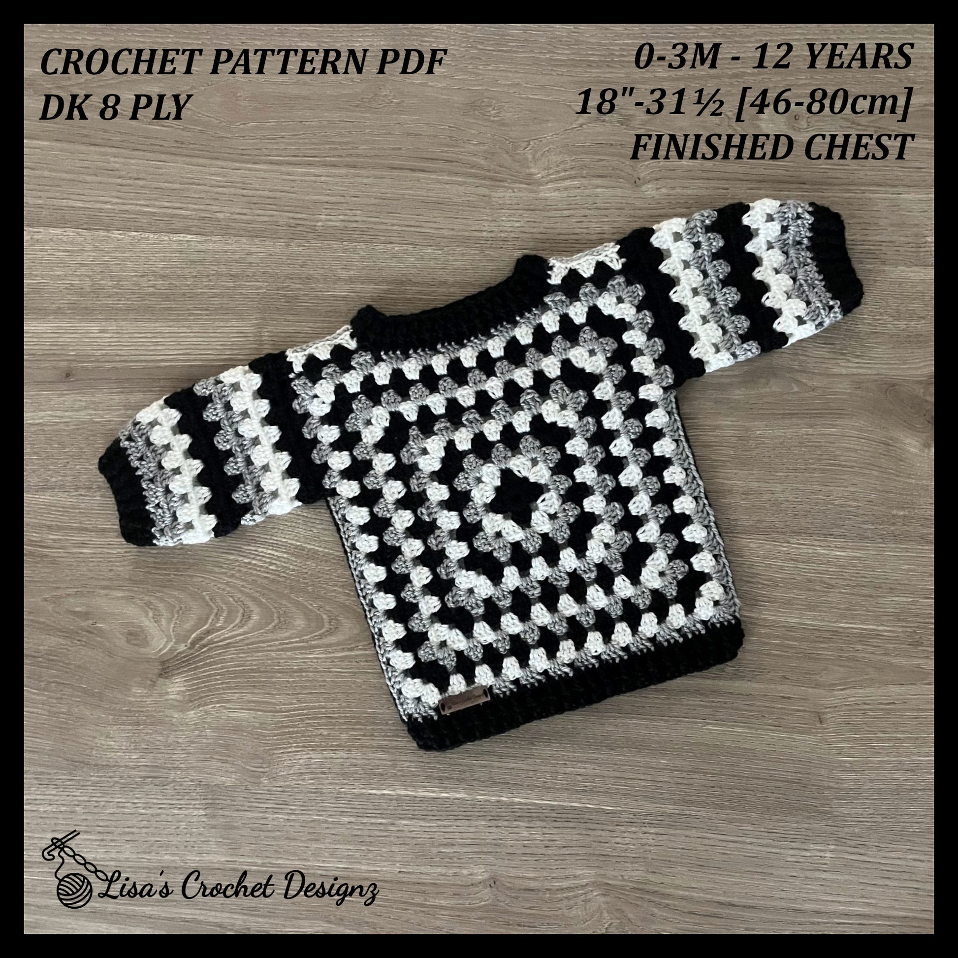 granny square sweater pattern details - 0 to 3 months to 12 years