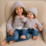 Older girl and baby in white T-shirts and blue jeans wear silver Harriet crochet cardigans and hats. Digital pattern PDF, NB–10Y.