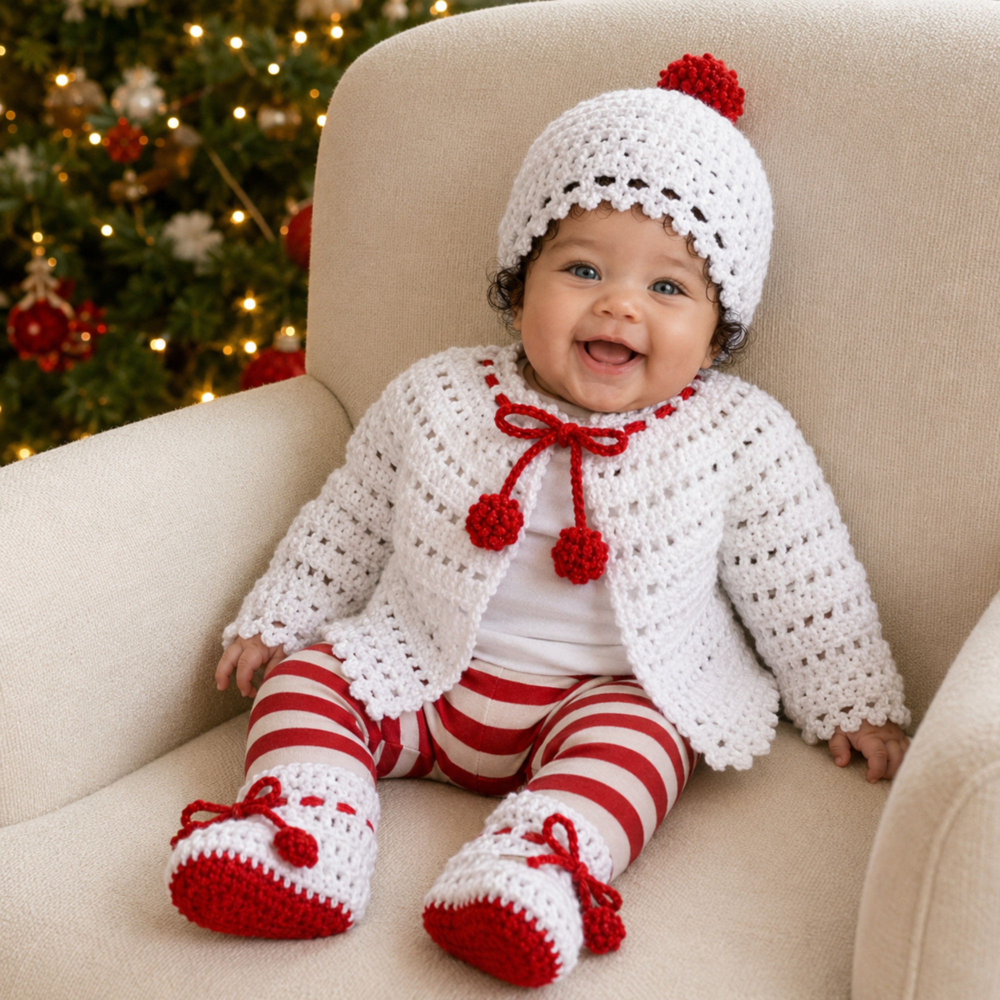 Baby wearing the white Holly Christmas crochet cardigan, matching hat with red pompom and booties. Digital PDF pattern set, 0–3 Months.