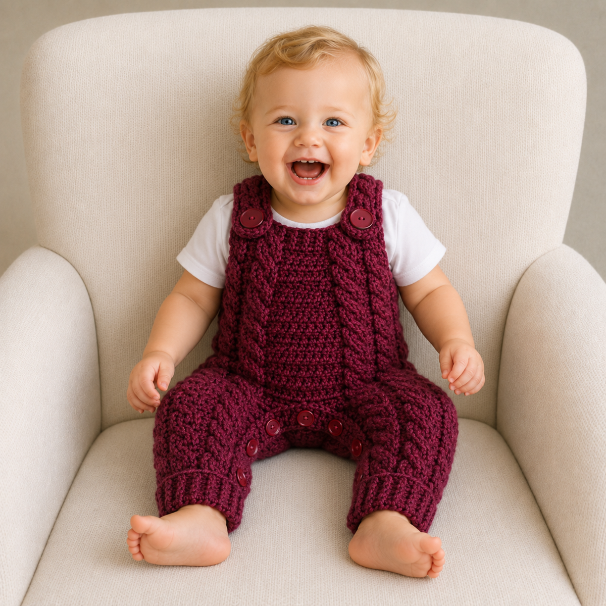 Laughing baby in a white T-shirt wears a maroon Hugo cabled crochet romper on a cream chair. Digital pattern PDF, NB–2Y.