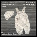 Pale gray Hugo cabled crochet romper and hat flat lay on wood, showing digital pattern PDF details, size 0 to 3 Months.