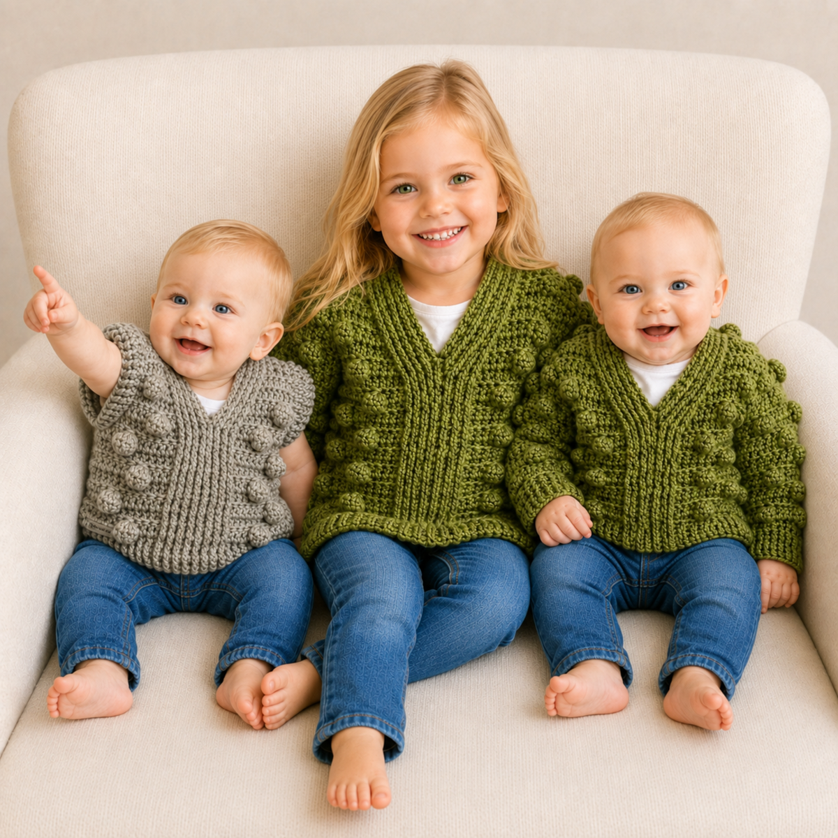 Hunter olive, green and taupe chunky crochet V-neck pullovers and vest on a child and two babies for a digital pattern PDF.