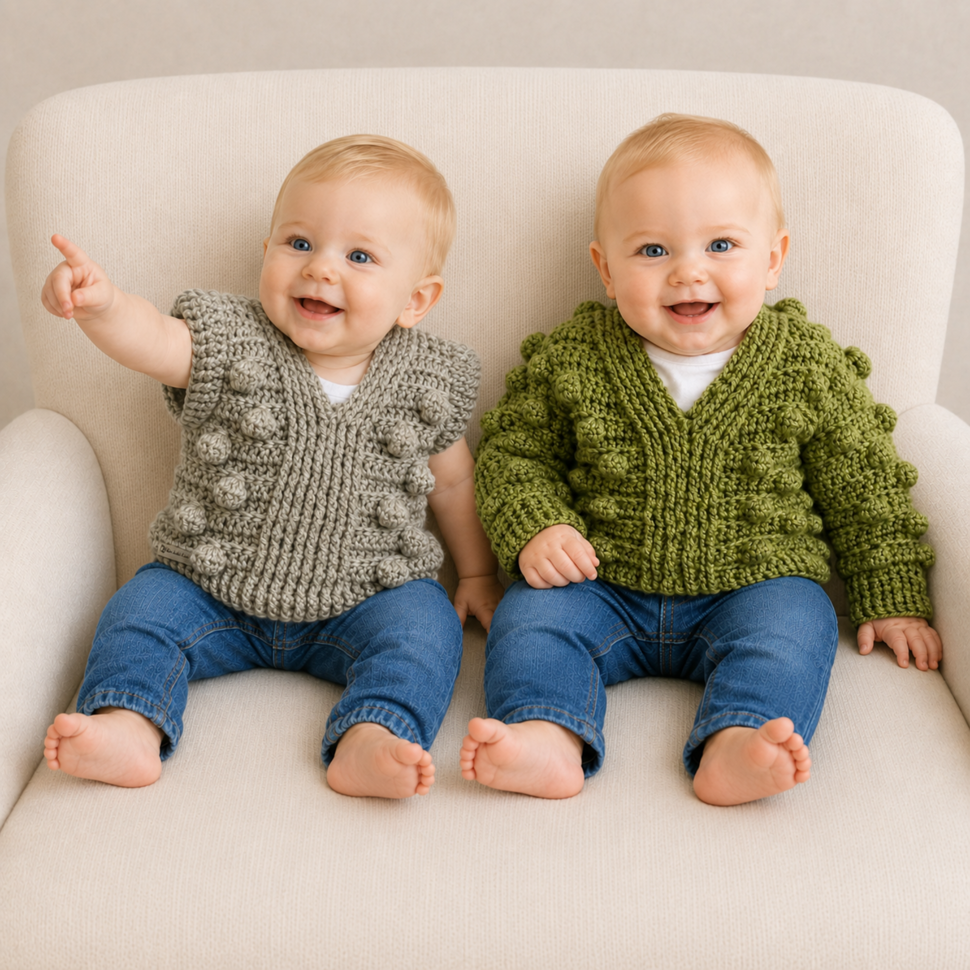 Two babies wearing Hunter taupe bobble crochet vest and olive V-neck pullover on a cream chair for a digital pattern PDF.