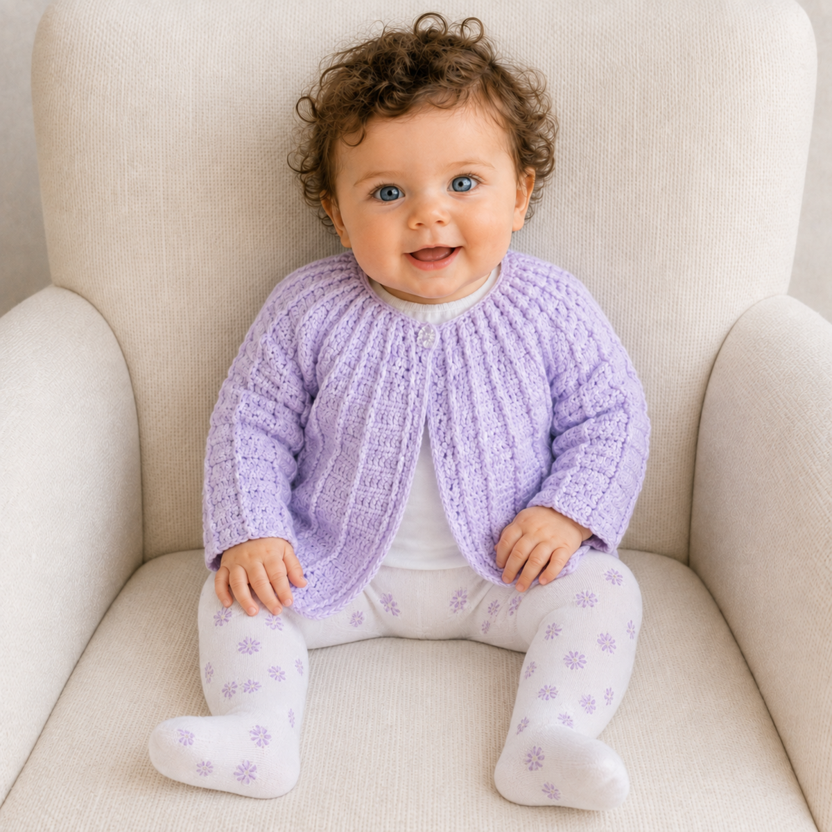 Baby in a white floral outfit wears a mauve Isla crochet matinee cardigan on a cream chair. Digital pattern PDF, 0–3M.