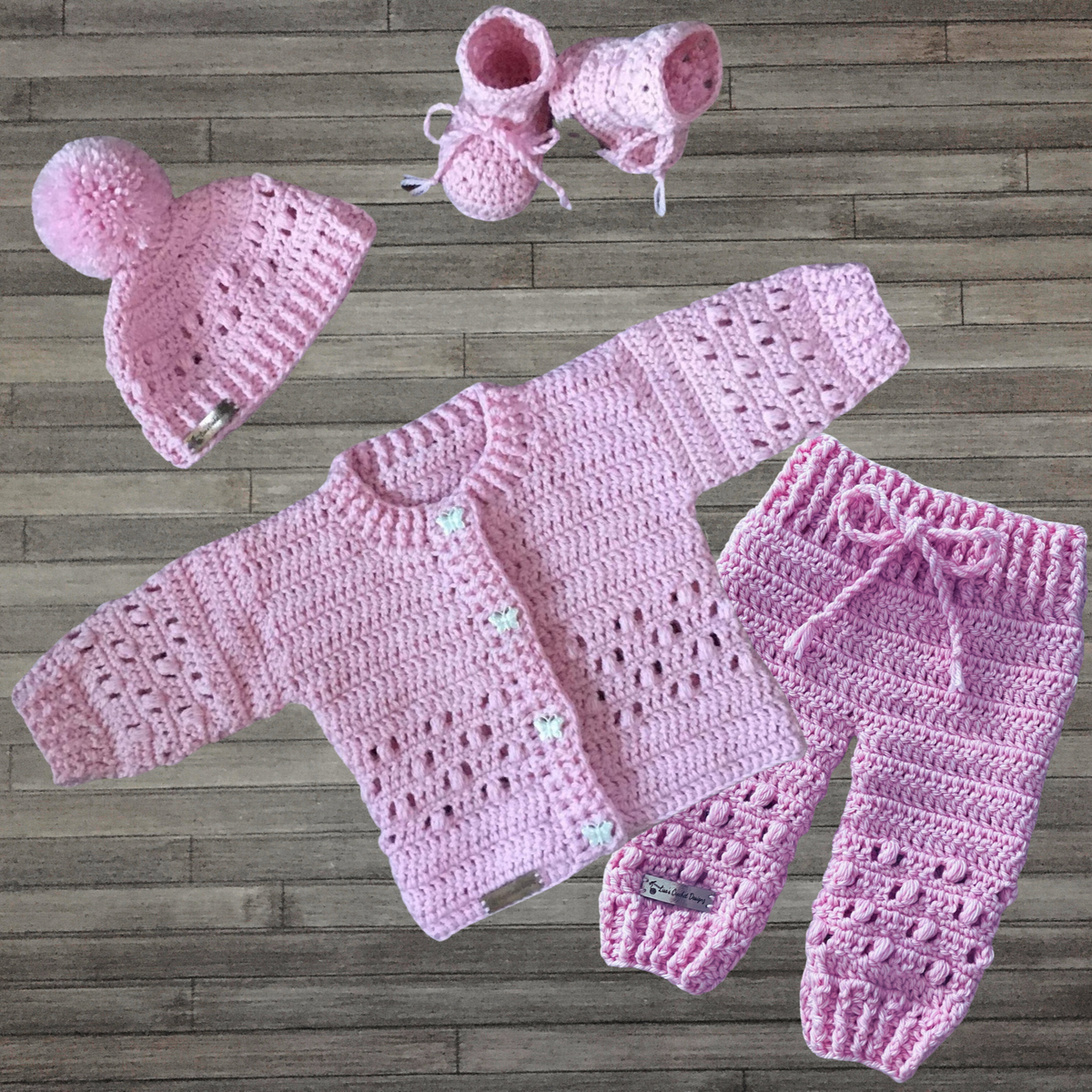 Izzy Crochet Pattern Collection – Cardigan & Pants (0-2 Yrs), Hat (0-10 Yrs) & Booties | PDF Pattern (English)