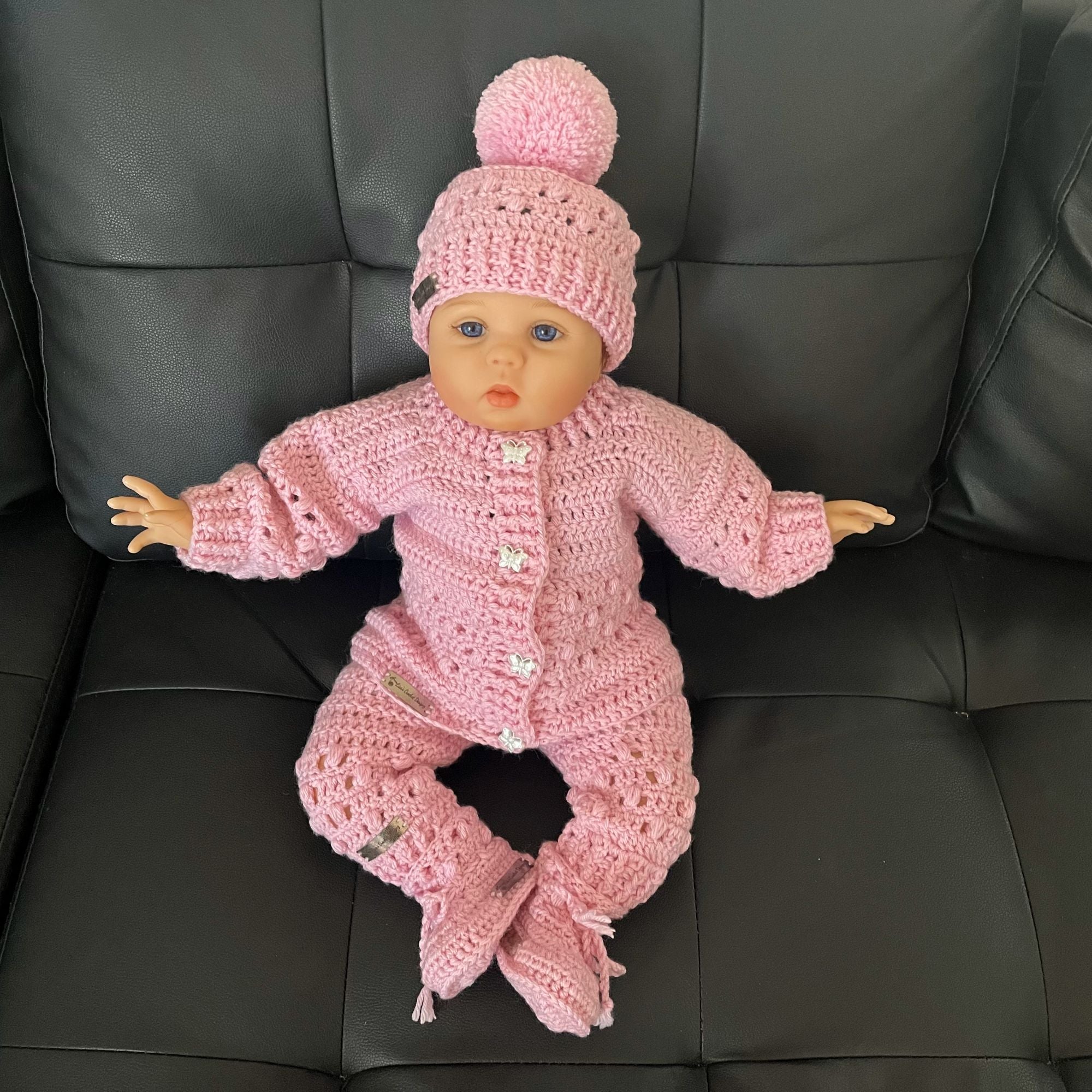 Izzy Crochet Pattern Collection – Cardigan & Pants (0-2 Yrs), Hat (0-10 Yrs) & Booties | PDF Pattern (English)