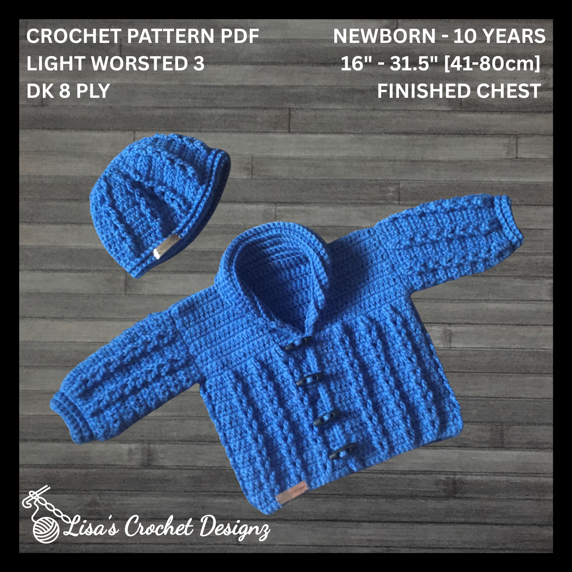 Jacob Crochet Pattern Collection – Baby & Kids Cardigan (NB-10Y), Pants (to 2Y), Hat & Bib – English PDF