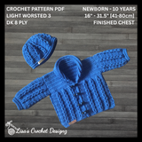 Jacob blue crochet cardigan and hat flat lay on wood with newborn-to-10-years digital pattern PDF details.