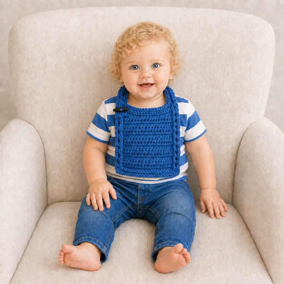 Toddler wears blue Jacob crochet bib over blue-and-white striped shirt with blue jeans on a cream chair. Digital pattern PDF.