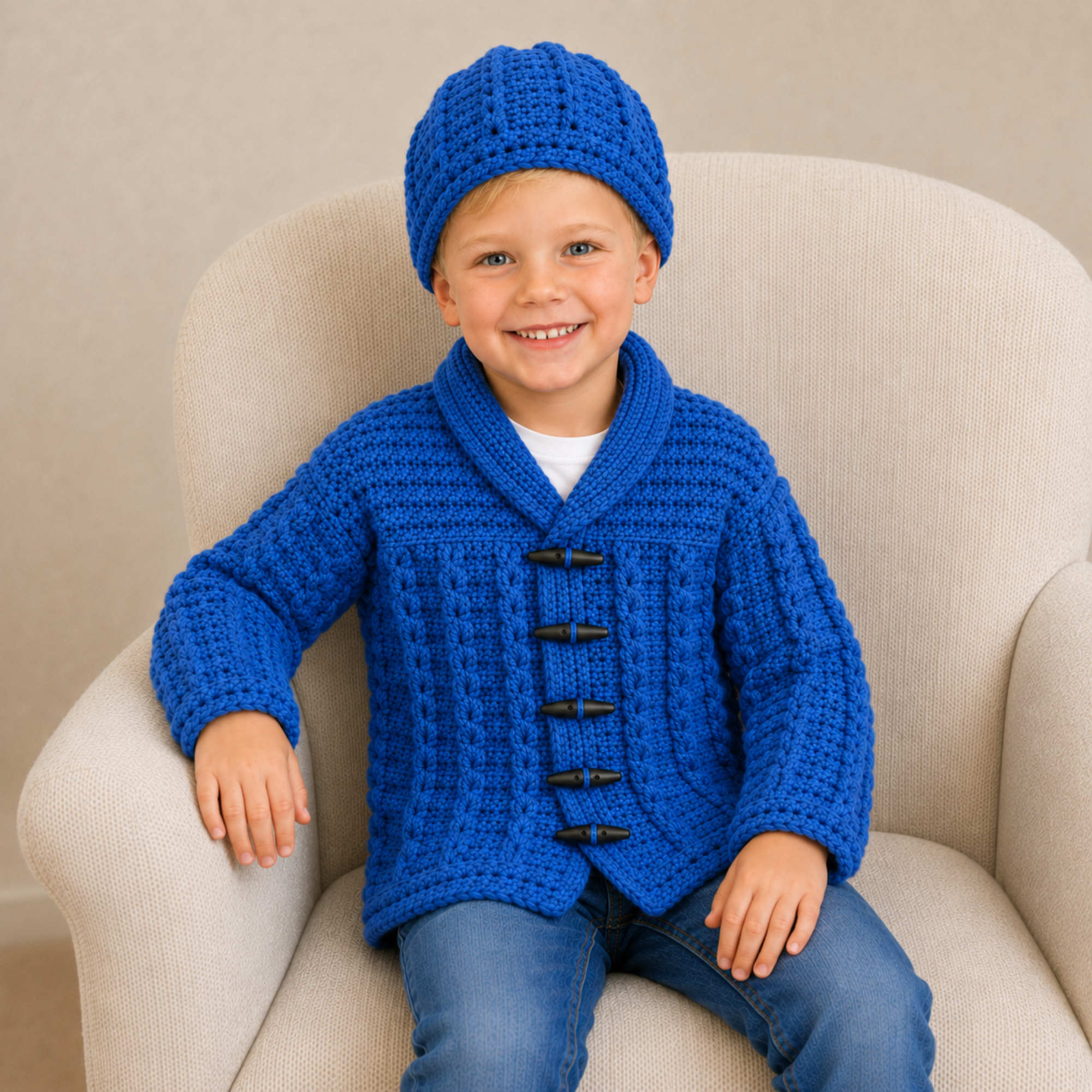 Older boy wears blue Jacob crochet cardigan and hat with blue jeans on a cream chair. Digital pattern PDF.