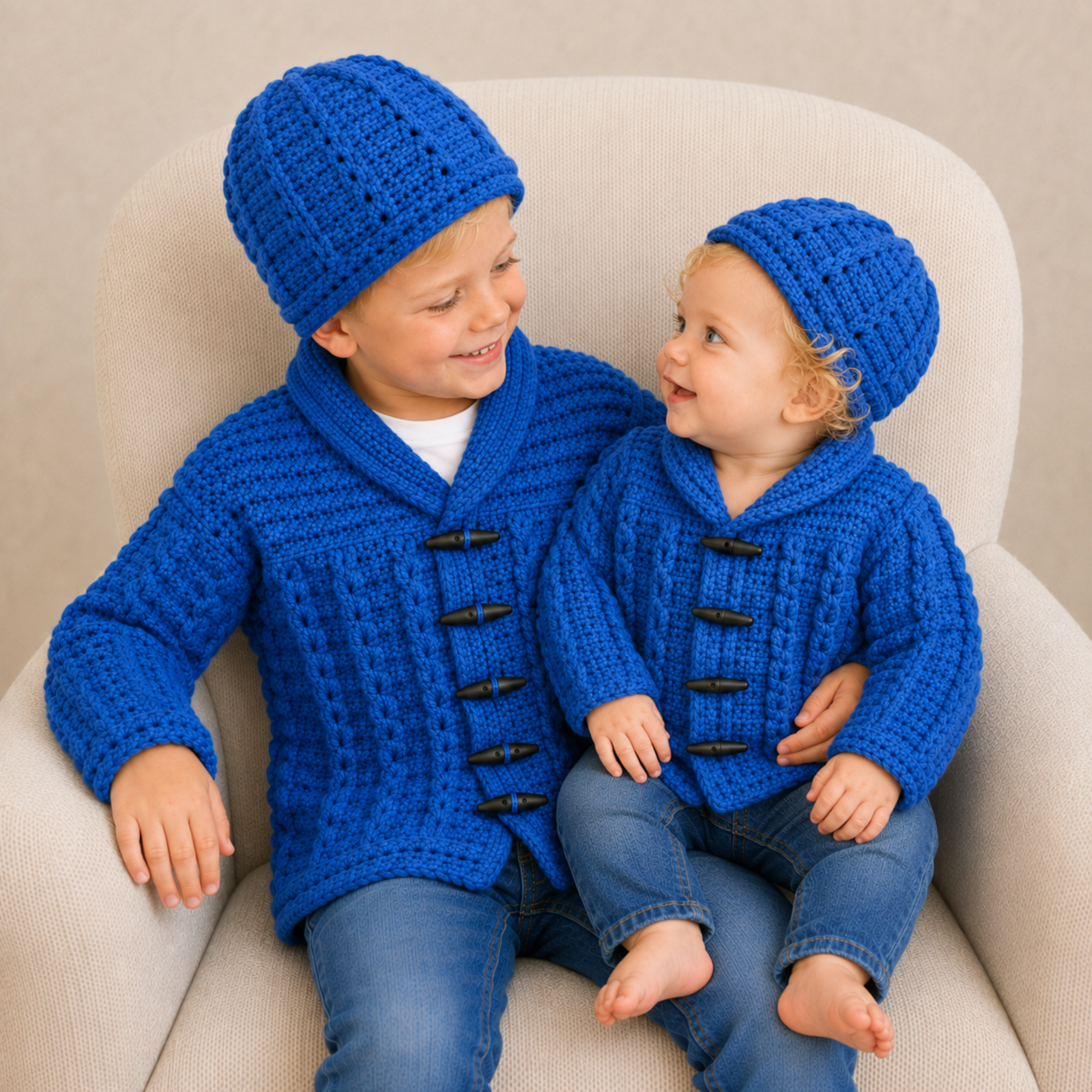 Older boy and baby wear blue Jacob crochet cardigan and hat on cream chair. Digital pattern PDF.