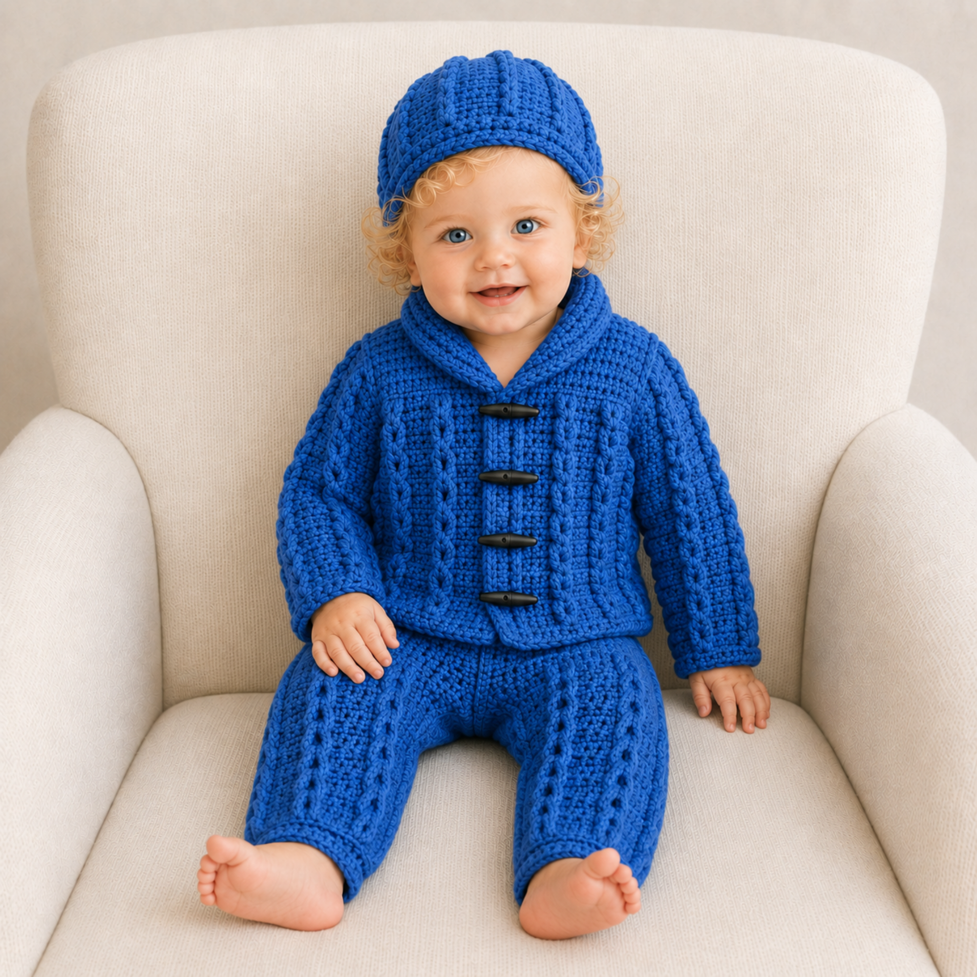Baby wears blue Jacob crochet cardigan, hat and matching pants on a cream chair. Digital pattern PDF.