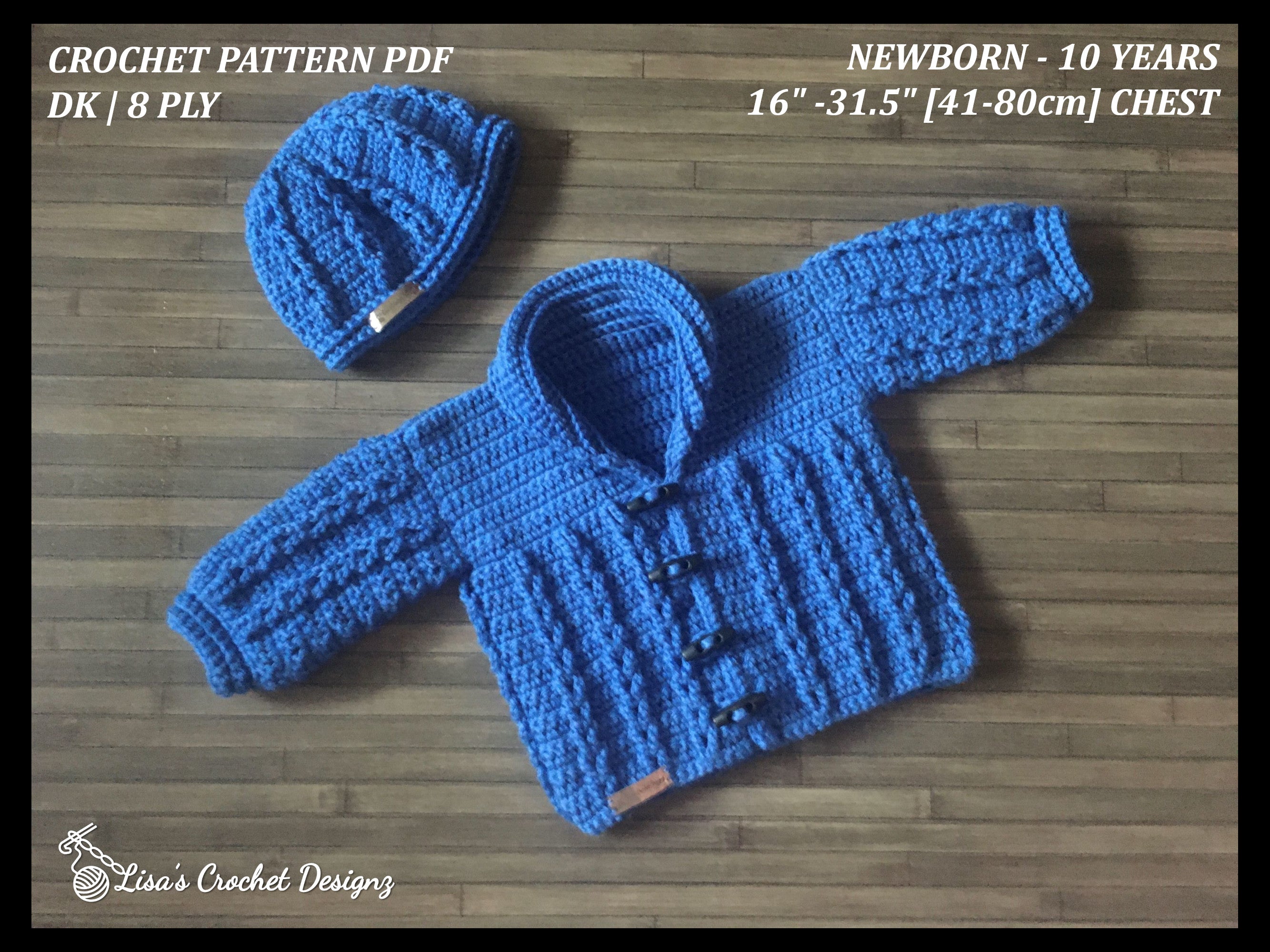 Jacob Crochet Pattern Collection – Baby & Kids Cardigan (NB-10Y), Pants (to 2Y), Hat & Bib – English PDF