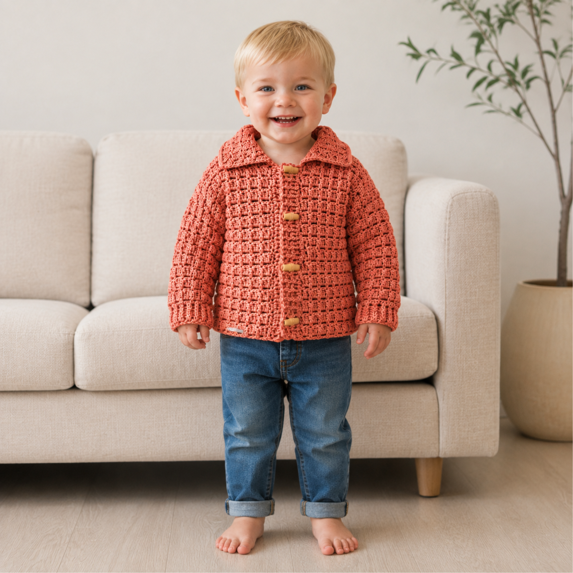 Happy toddler in coral James collared crochet cardigan with wood buttons, blue jeans by beige sofa, 0–2Y digital pattern PDF