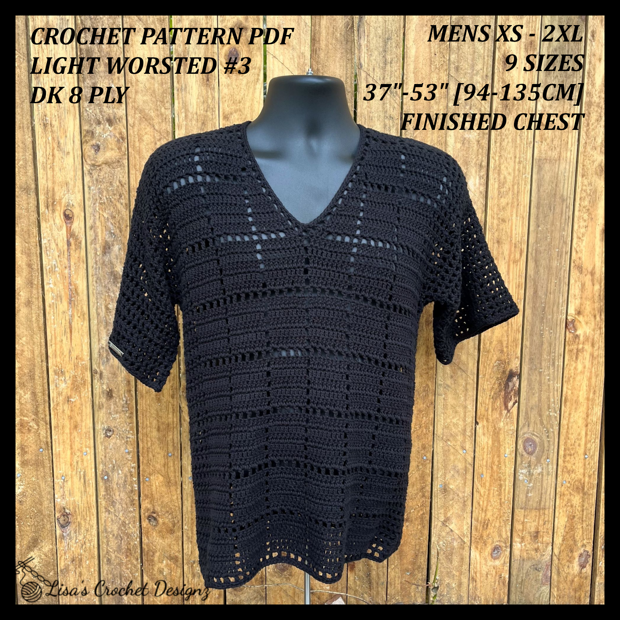 Jet Crochet Pattern – Men’s V-Neck Mesh T-Shirt | Summer Top (XS-2XL) | English PDF