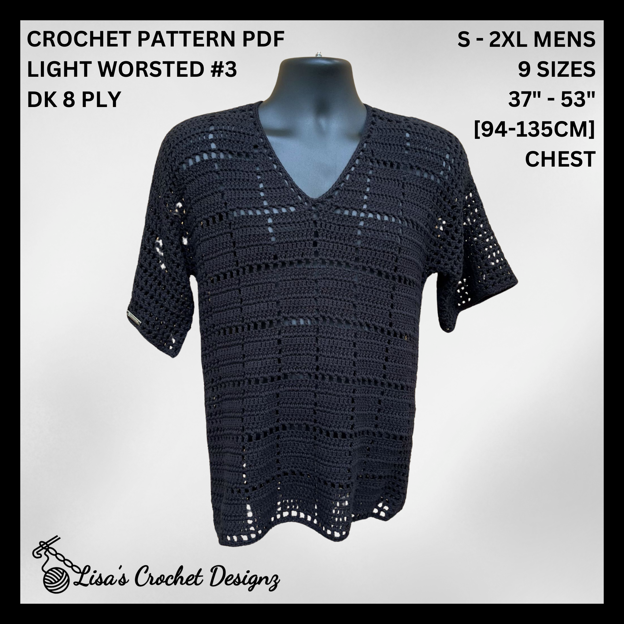 Jet Crochet Pattern – Men’s V-Neck Mesh T-Shirt | Summer Top (XS-2XL) | English PDF