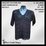 Black Jet crochet T-shirt on black mannequin, silver background. Digital pattern PDF details, sizes S to 2XL