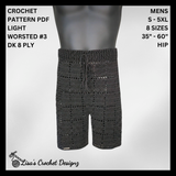 Black Jet crochet shorts on a black mannequin against silver. Digital pattern PDF details, sizes S to 5XL