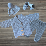 Kasey Crochet Pattern Collection – Cardigan & Hat (to 10Y), Baby Pants (to 2 Y), Booties – English Only