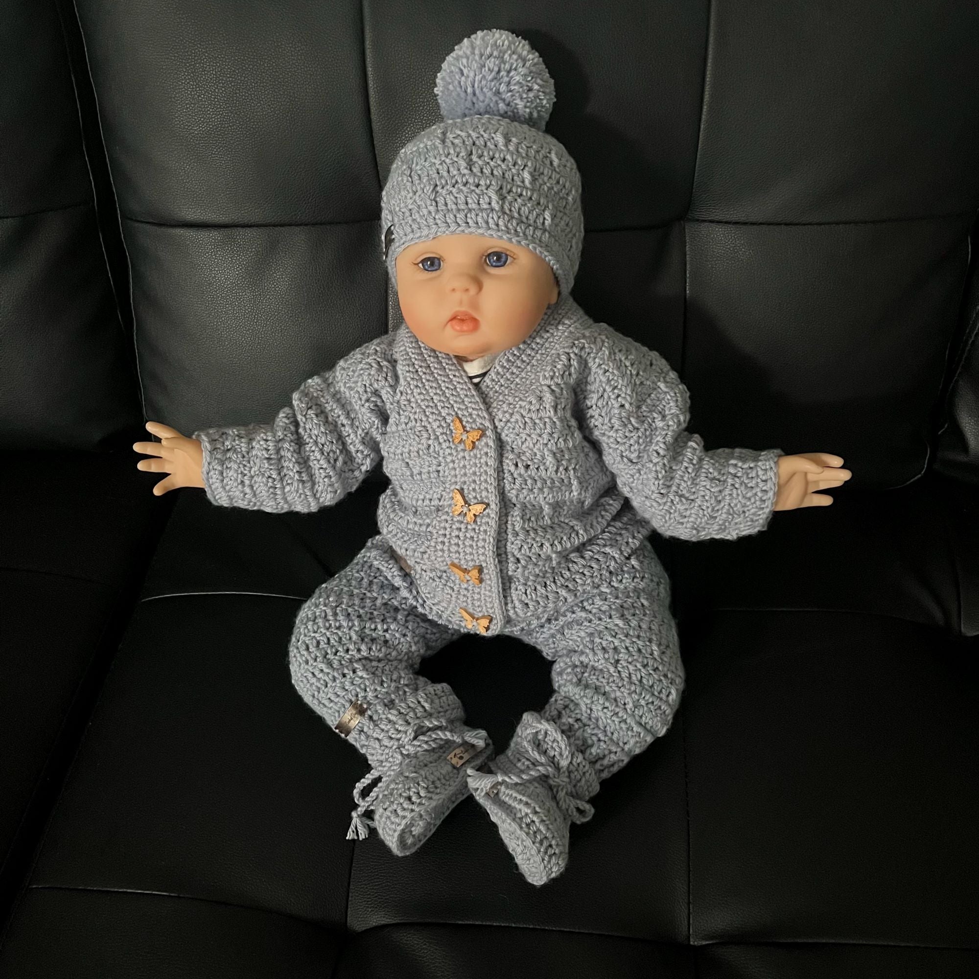 Kasey Crochet Pattern Collection – Cardigan & Hat (to 10Y), Baby Pants (to 2 Y), Booties – English Only