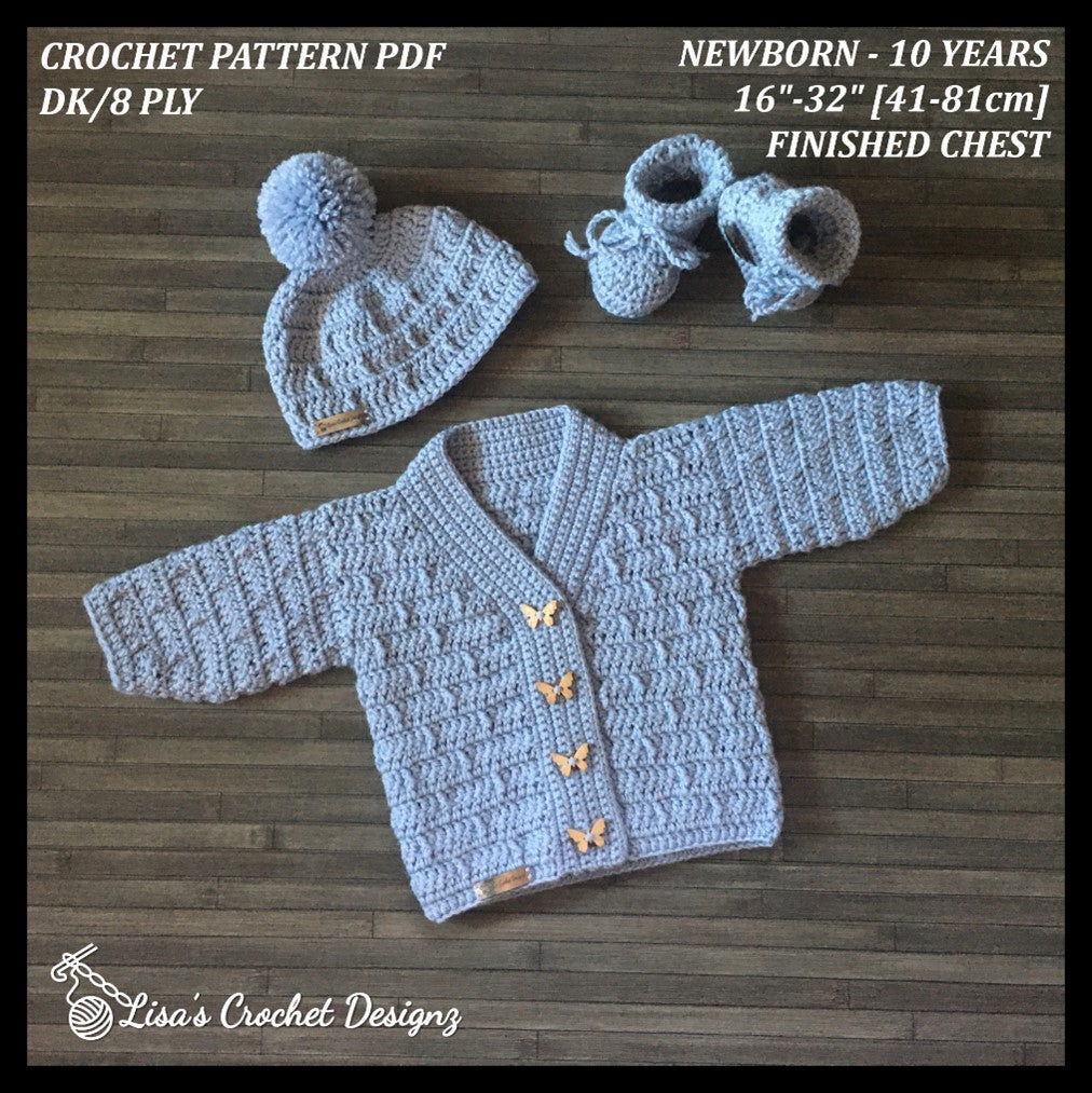 Crochet Pattern Kasey Child Cardigan Hat Booties Pants Set