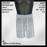 Kayne cable and mesh crochet shorts on a black mannequin against silver background. Digital pattern PDF details, sizes S to 5XL