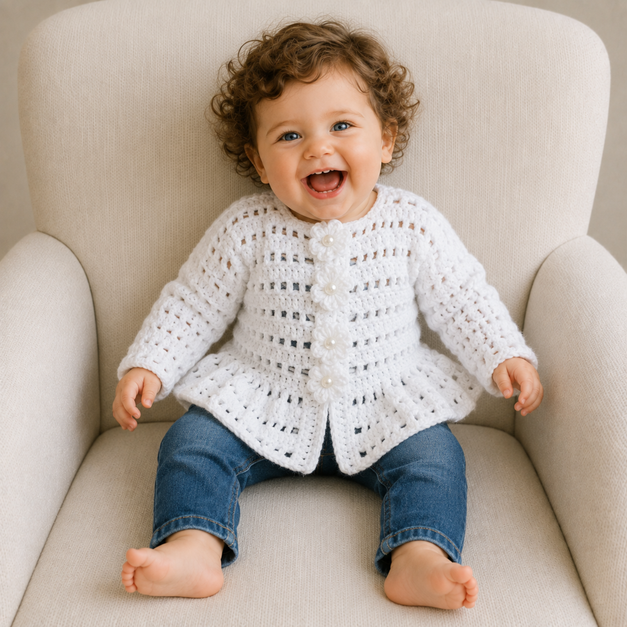 Laughing baby in blue jeans wears a Leah peplum crochet cardigan on a cream chair. Digital pattern PDF, sizes 0 to 2 Years.