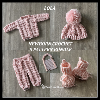 Lola crochet pattern bundle sweater hat booties baby pants bib