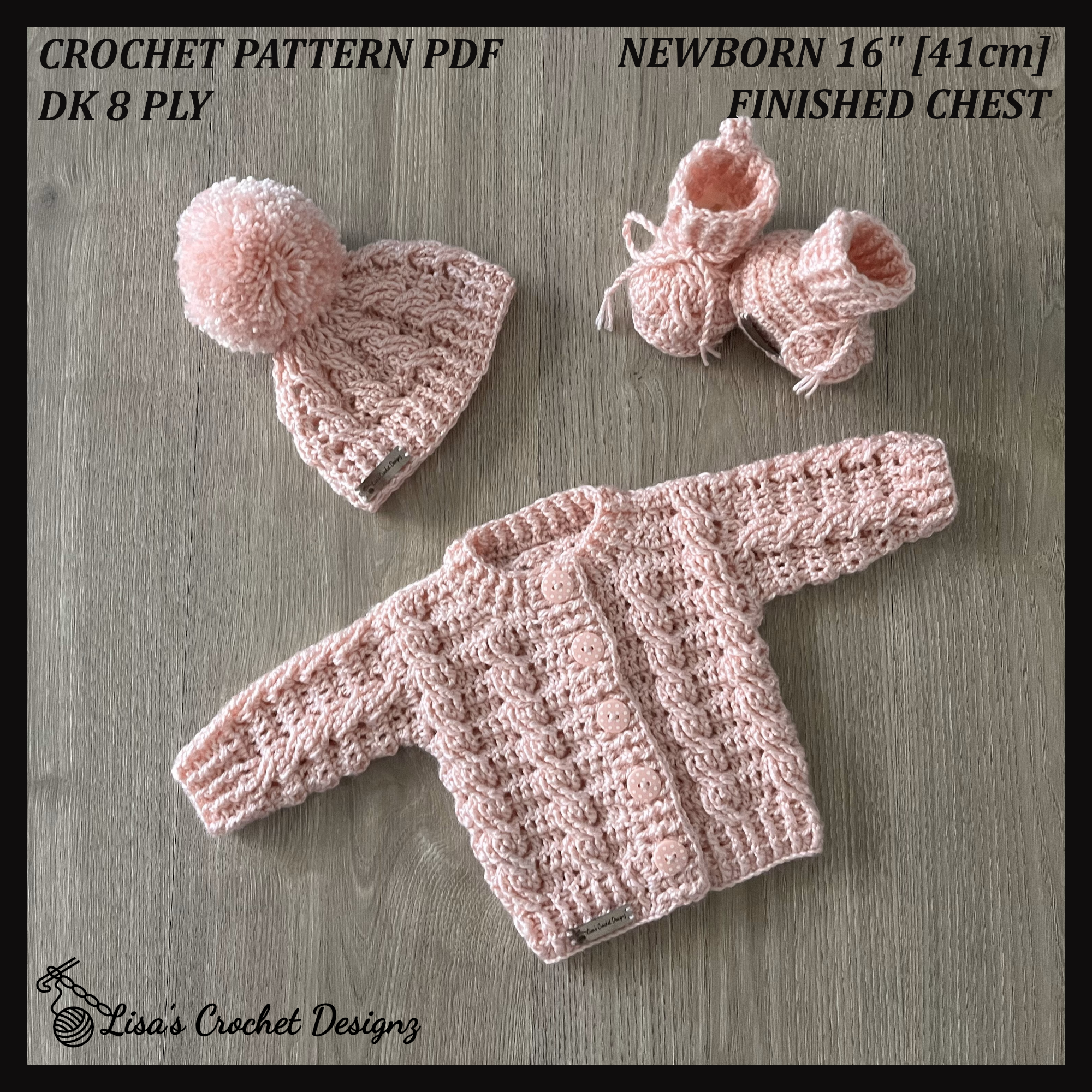 Lola Crochet Pattern Newborn Baby Cardigan, Hat & Booties Set PDF – English