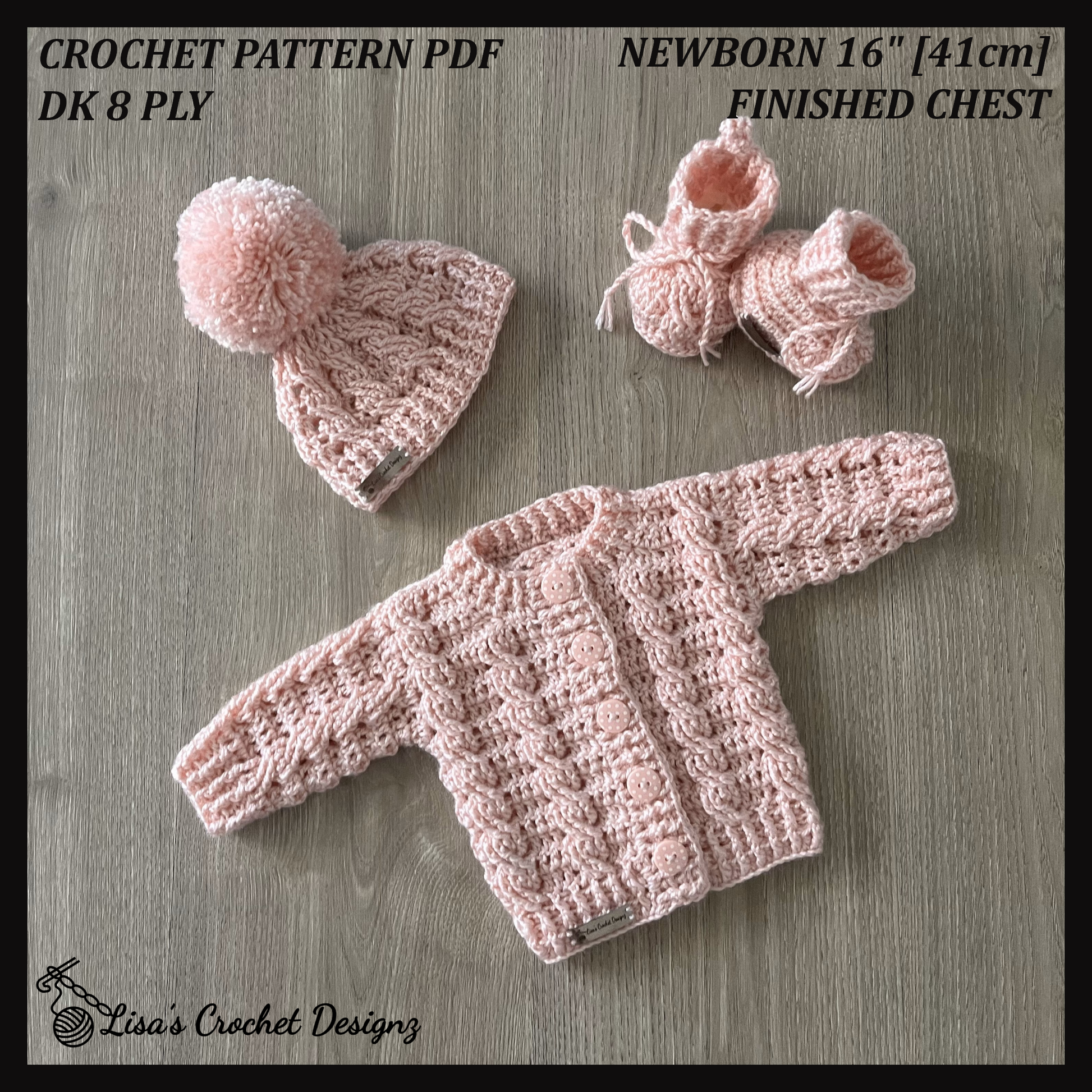 Lola Newborn Crochet Baby Sweater Hat and Booties Set Crochet