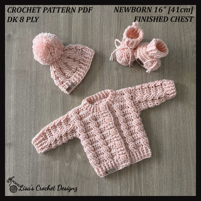 Crochet Pattern Lola Newborn Baby Cardigan Hat Booties Set