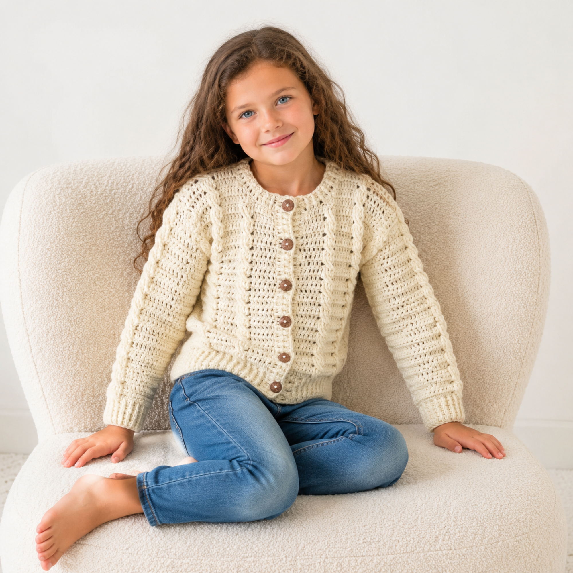 Lola cream cabled crochet cardigan with brown buttons worn by a young girl on a cream chair for a digital pattern PDF.