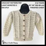 Cream Lola cabled crochet kids cardigan with raised cables and five brown buttons on a mannequin – digital pattern PDF.