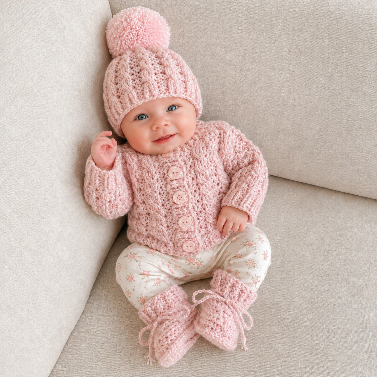 Crochet Newborn Set Pattern PDF – Lola Cabled Cardigan, Hat & Booties