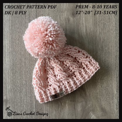 Crochet Pattern Lola Crochet Cabled Hat Prem to 10 Years