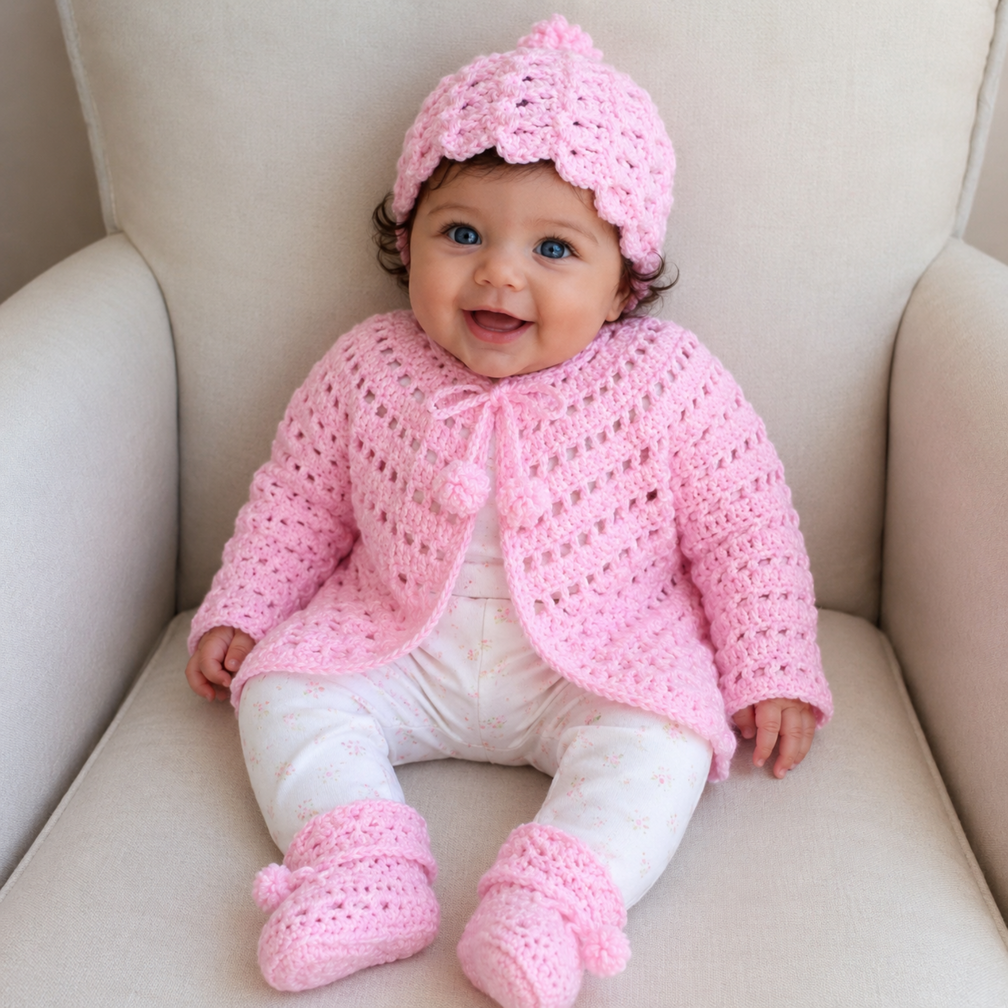 Baby in pale pink Luna crochet cardigan, hat and booties over white/pink florals on cream chair, 0–3M digital pattern PDF