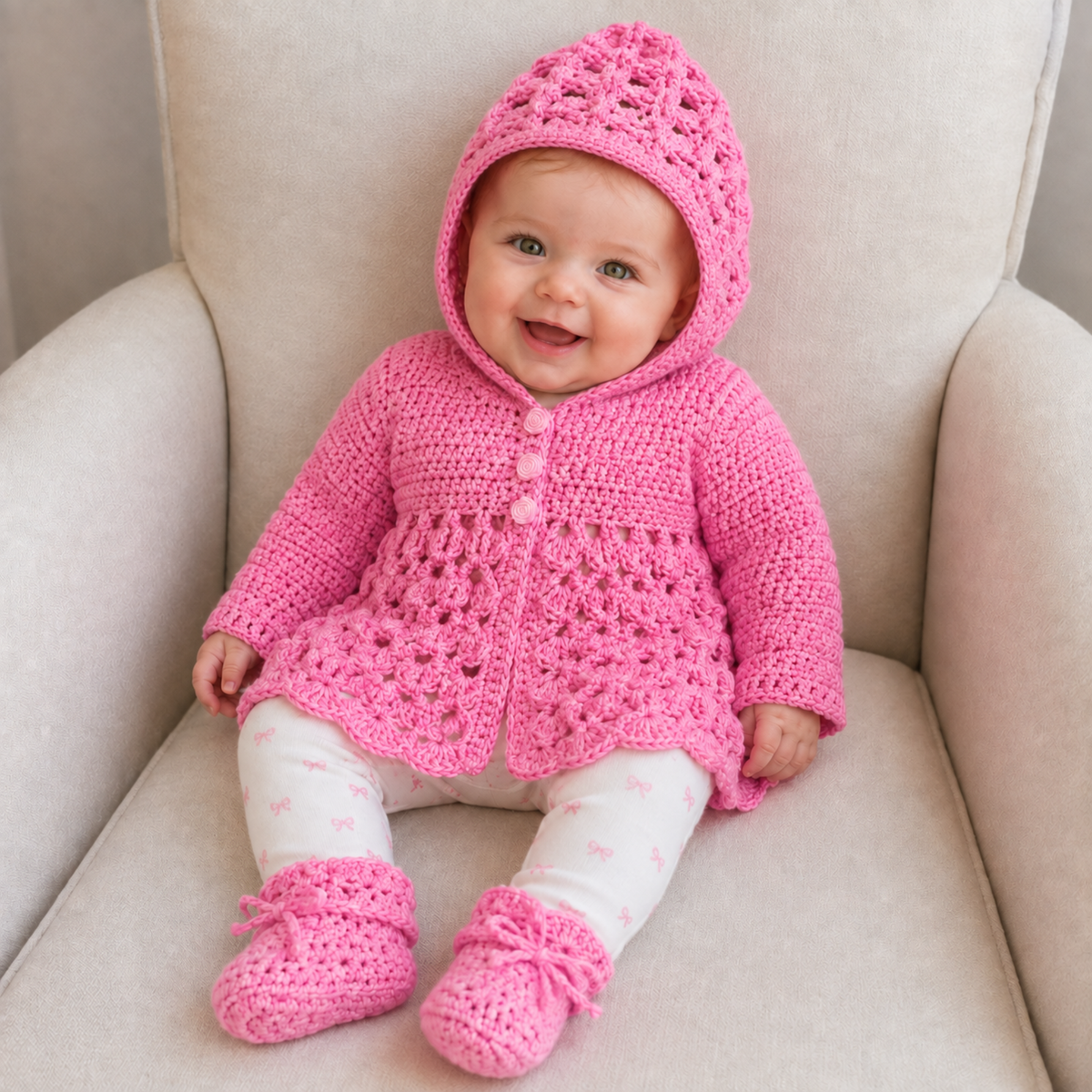 Baby in white floral pants on a cream chair wears a pink Michelle hooded crochet cardigan. Digital pattern PDF set, 0–3M.