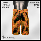 Mirage crochet shorts on black mannequin, silver background. Digital pattern PDF details, sizes S to 5XL