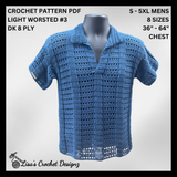 Blue Ocean crochet polo shirt on a black mannequin, silver background, showing sizes S to 5XL. Digital pattern PDF details.