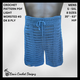 Blue Ocean crochet shorts on a black mannequin, silver background, showing sizes S to 5XL. Digital pattern PDF details.