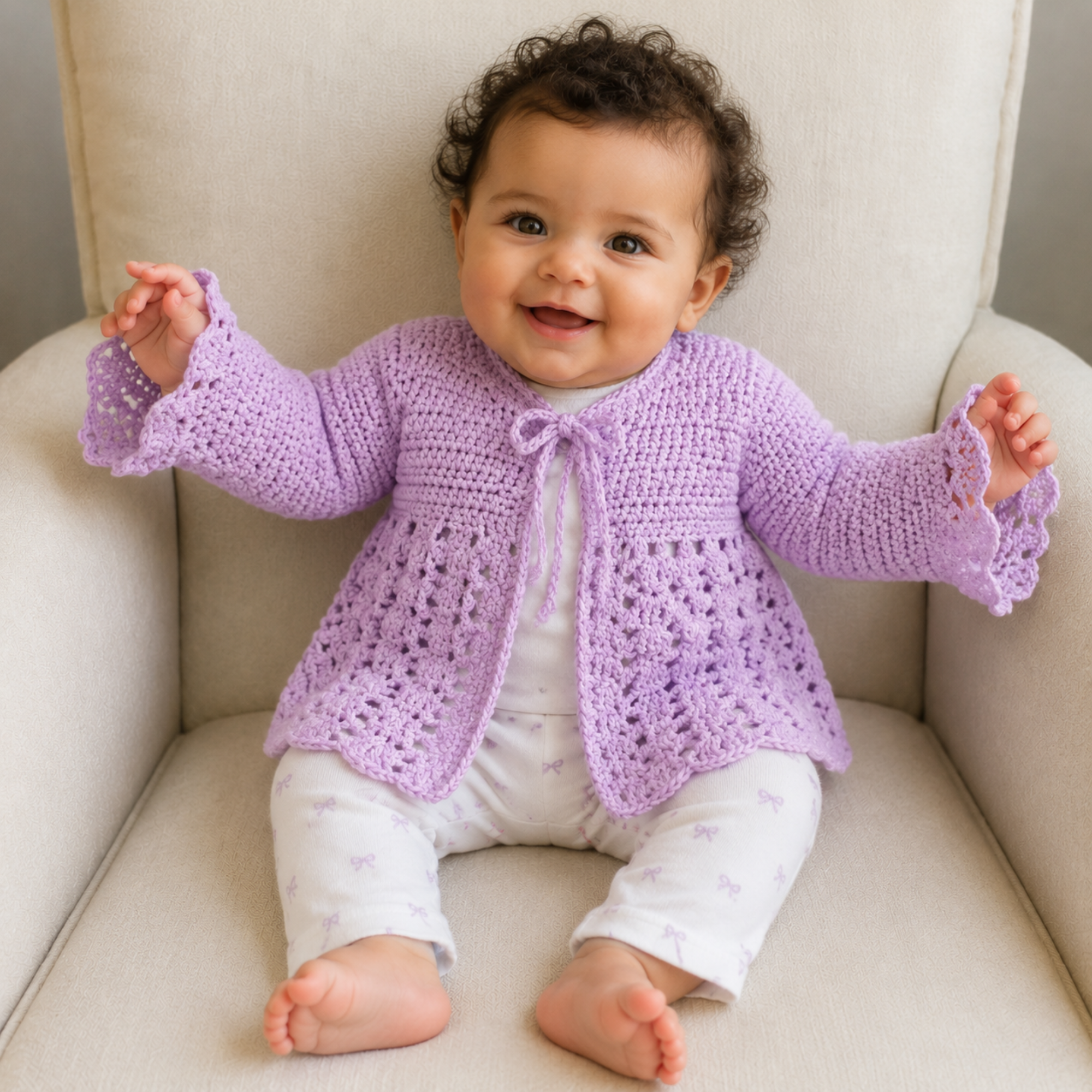 Baby in a floral outfit wears a mauve Orchid tie-front crochet cardigan on a cream chair. Digital pattern PDF, NB–12M.