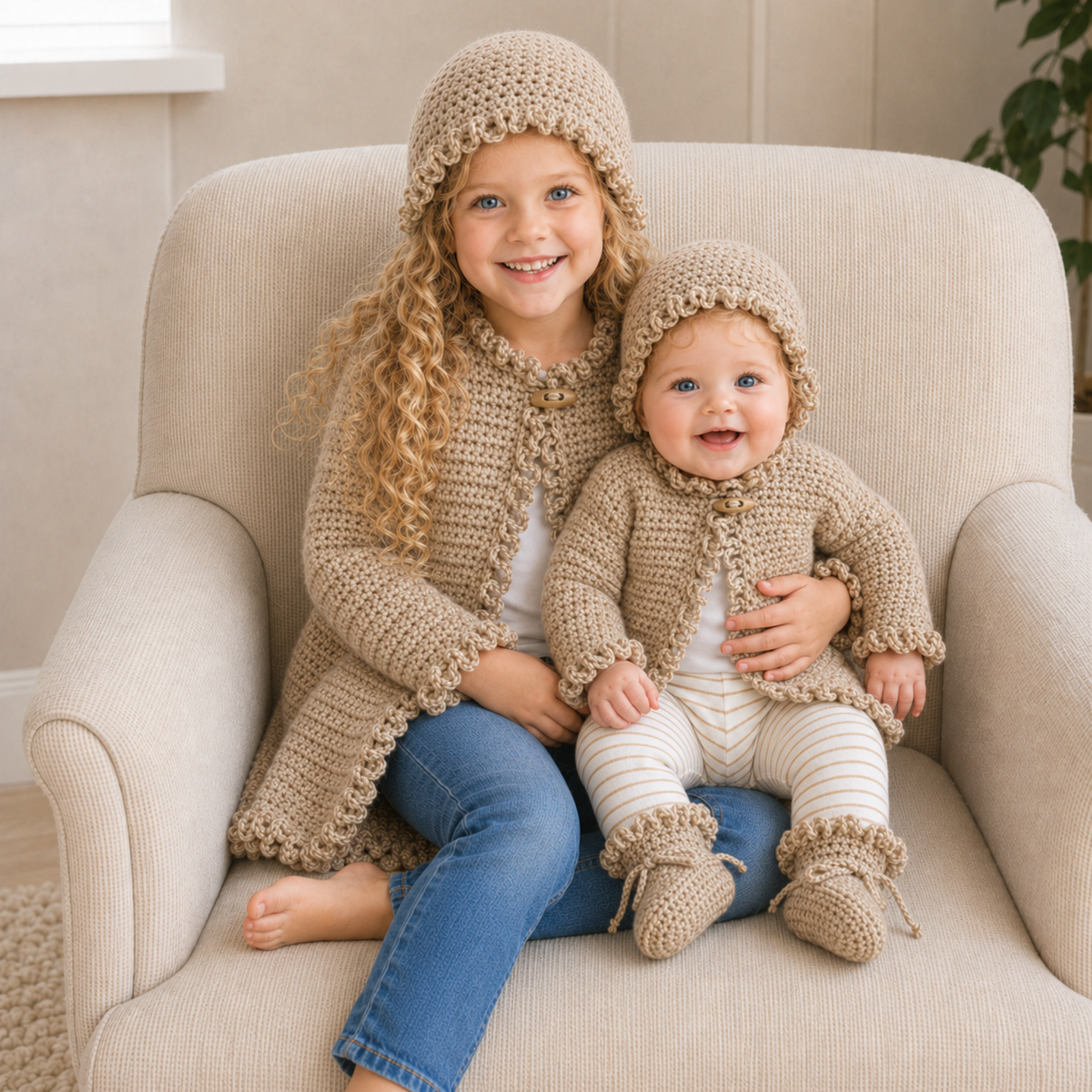 Girl and baby in wear Renee crochet cardigans and hats on a cream chair; baby wears booties. Digital pattern PDF.