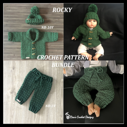 rocky crochet pattern bundle of 3 shawl collar sweater hat and baby pants