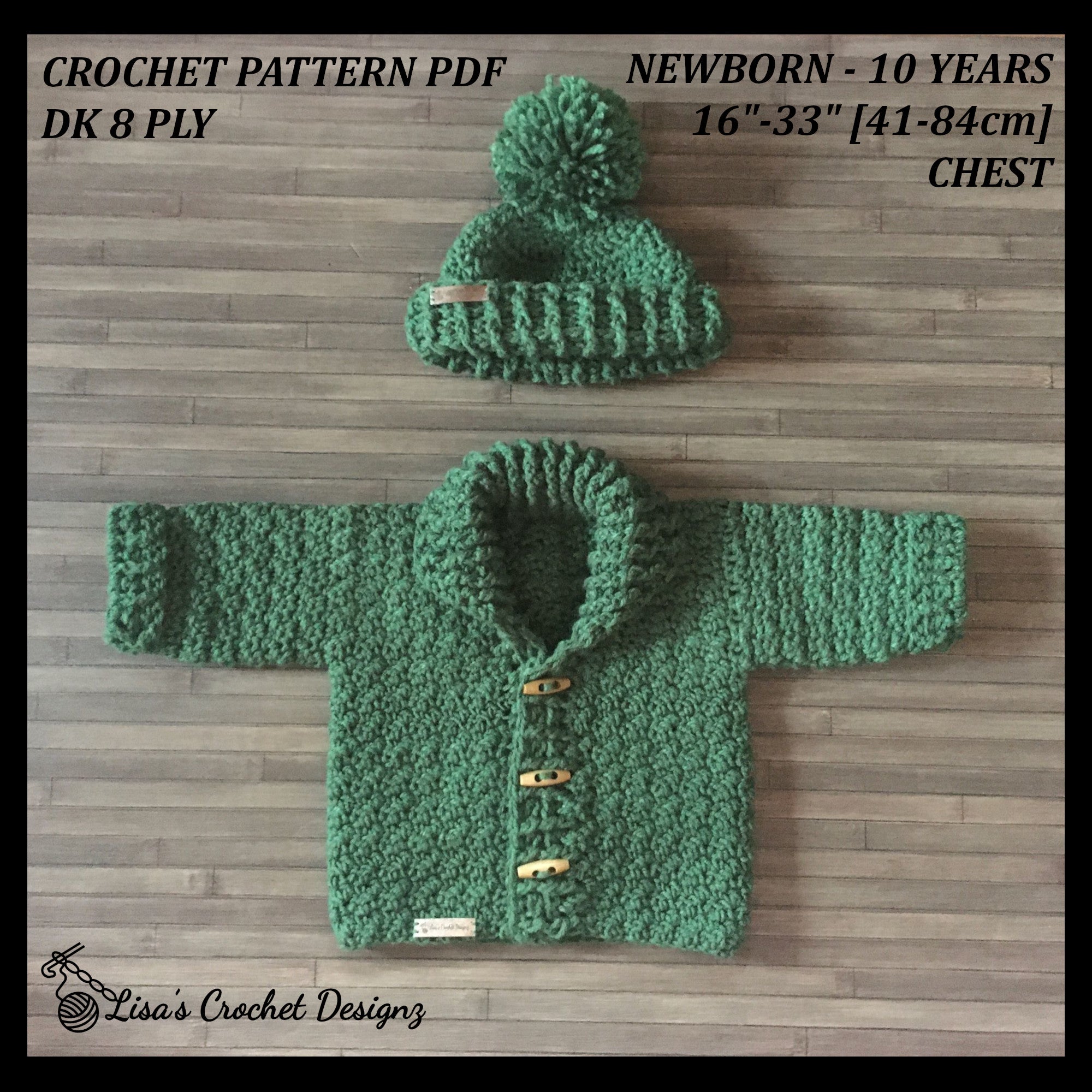 Rocky Crochet Pattern Set - Shawl Collar Cardigan & Hat (0 to 10Y) + Baby Pants (0 to 2Y) English PDF