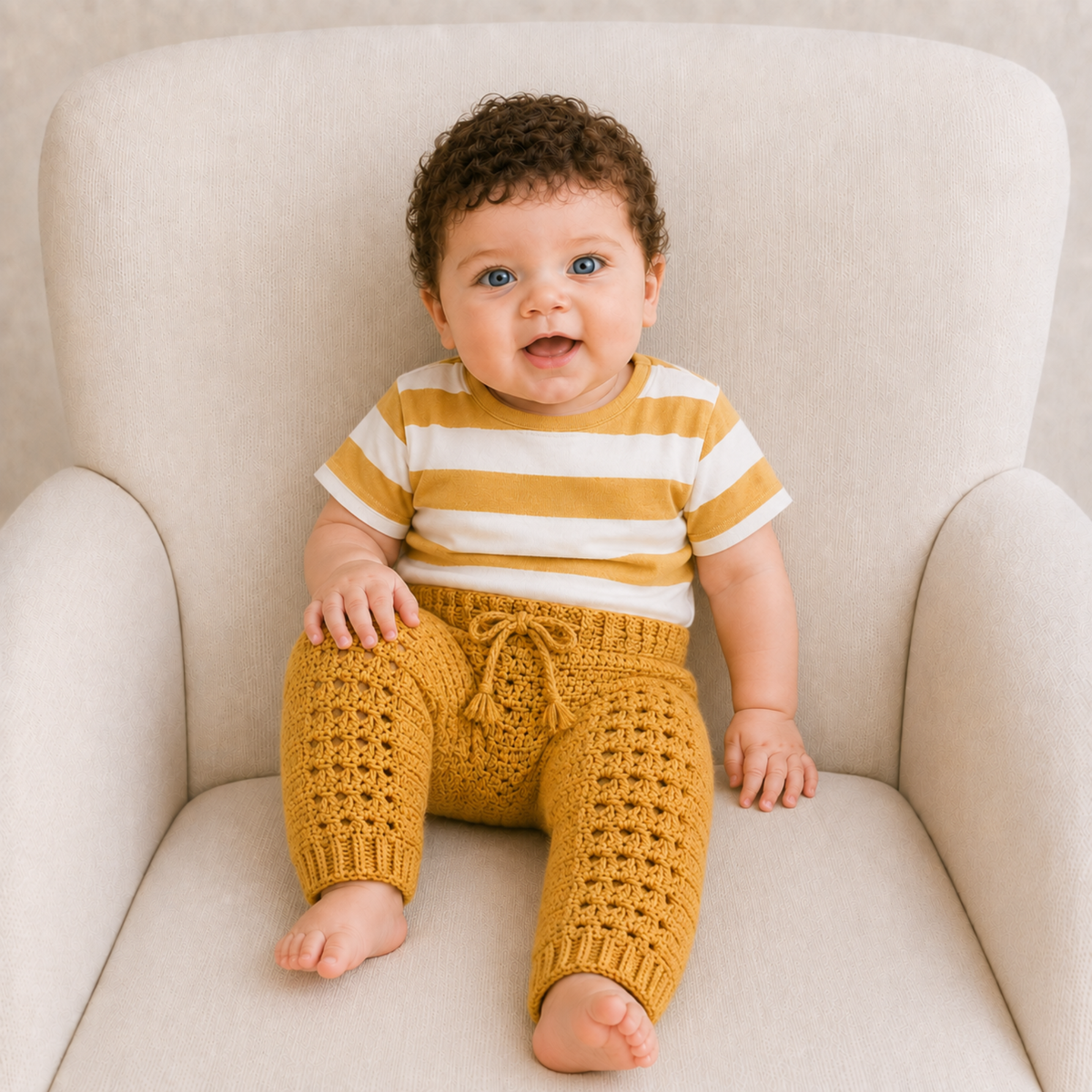 Baby in a T-shirt wears mustard Sam textured crochet pants on a cream chair. Digital pattern PDF, sizes Newborn to 2 Years.