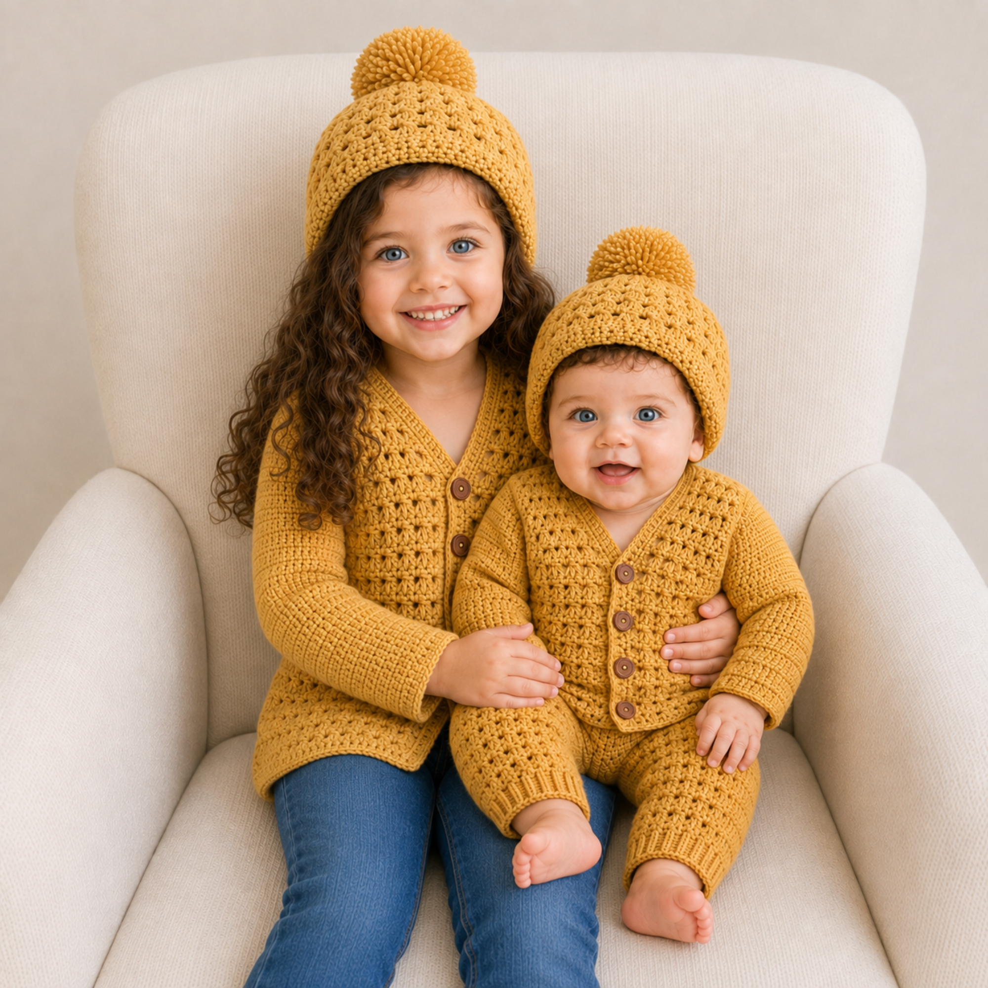 Girl and baby in mustard Sam crochet cardigans and pom-pom hats on a cream chair; baby wears pants. Digital pattern PDF.

