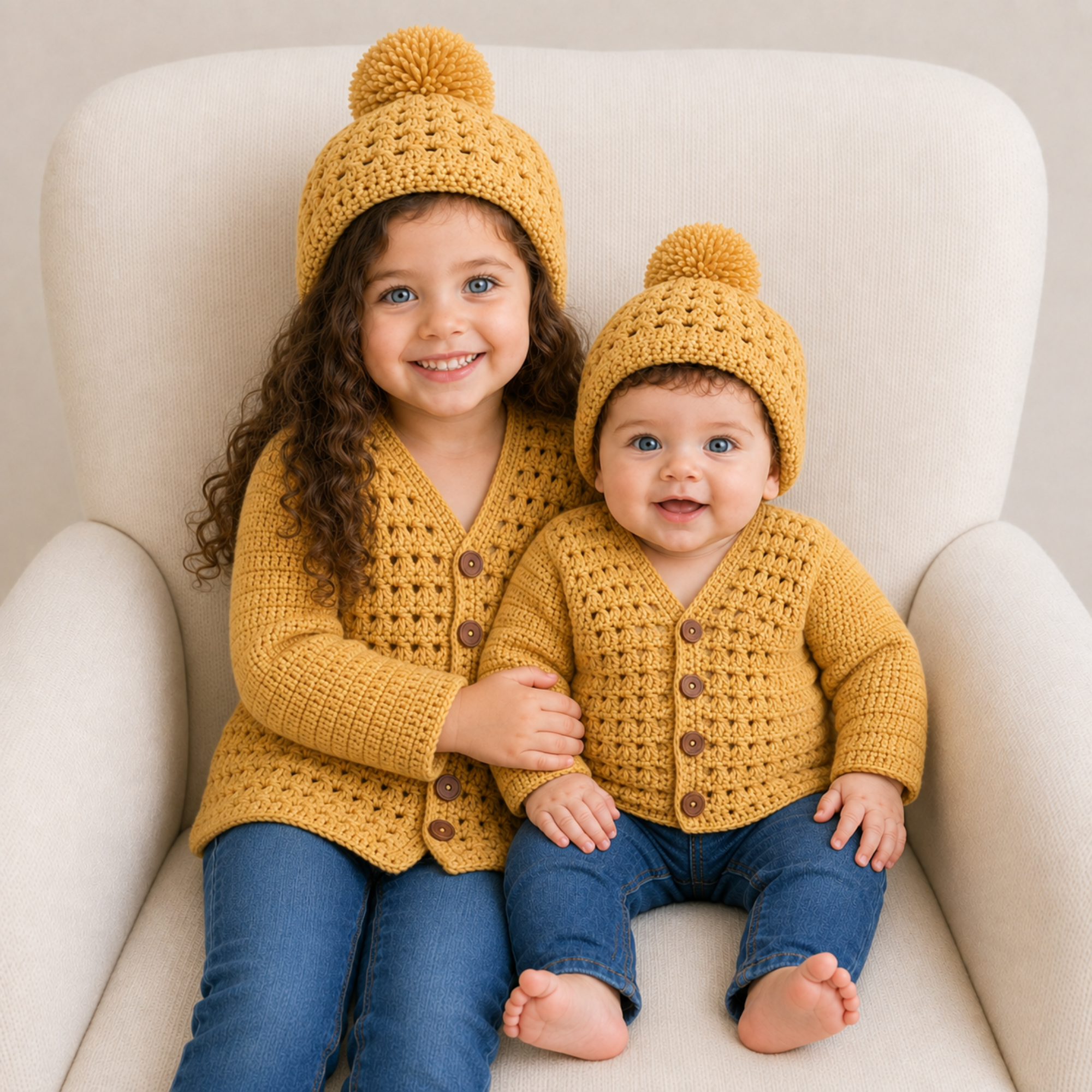 Older girl and baby in blue jeans wear mustard Sam crochet cardigans and hats on a cream chair. Digital pattern PDF, 0–10Y.