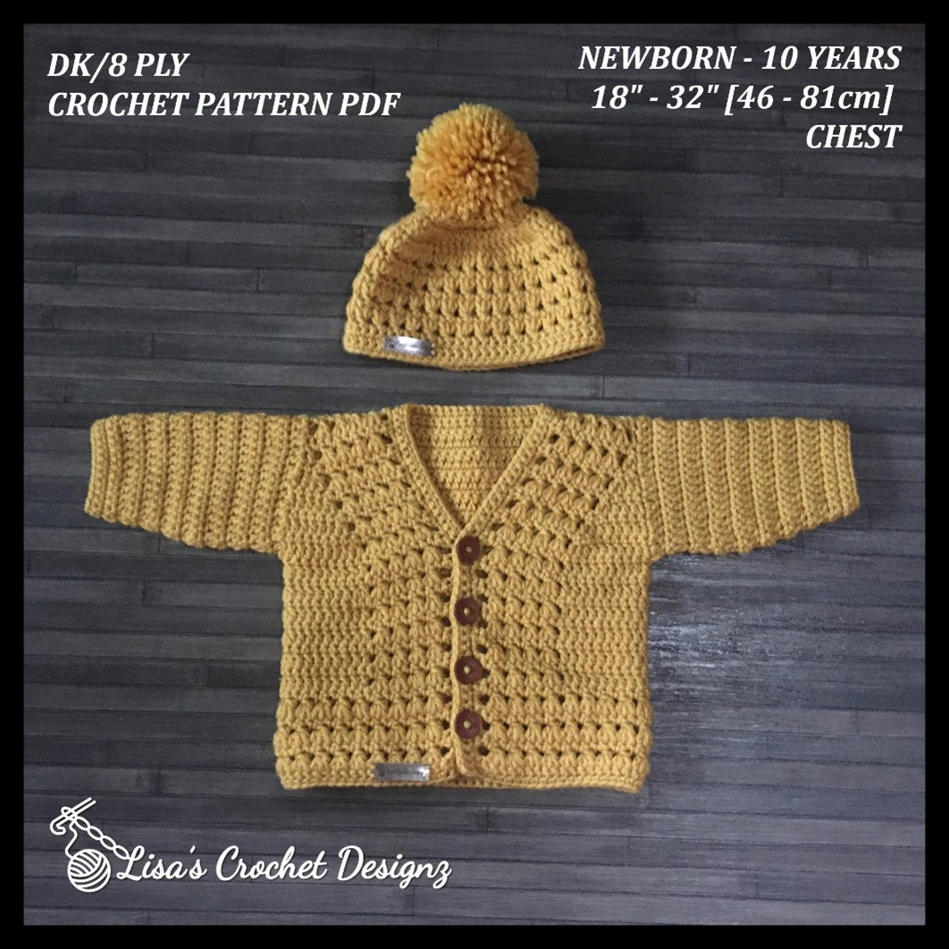 Sam Crochet Pattern Collection – Cardigan, Hat (to 10Y), Baby Pants (to 2Y) & Trendy Bandana Bib – English PDF