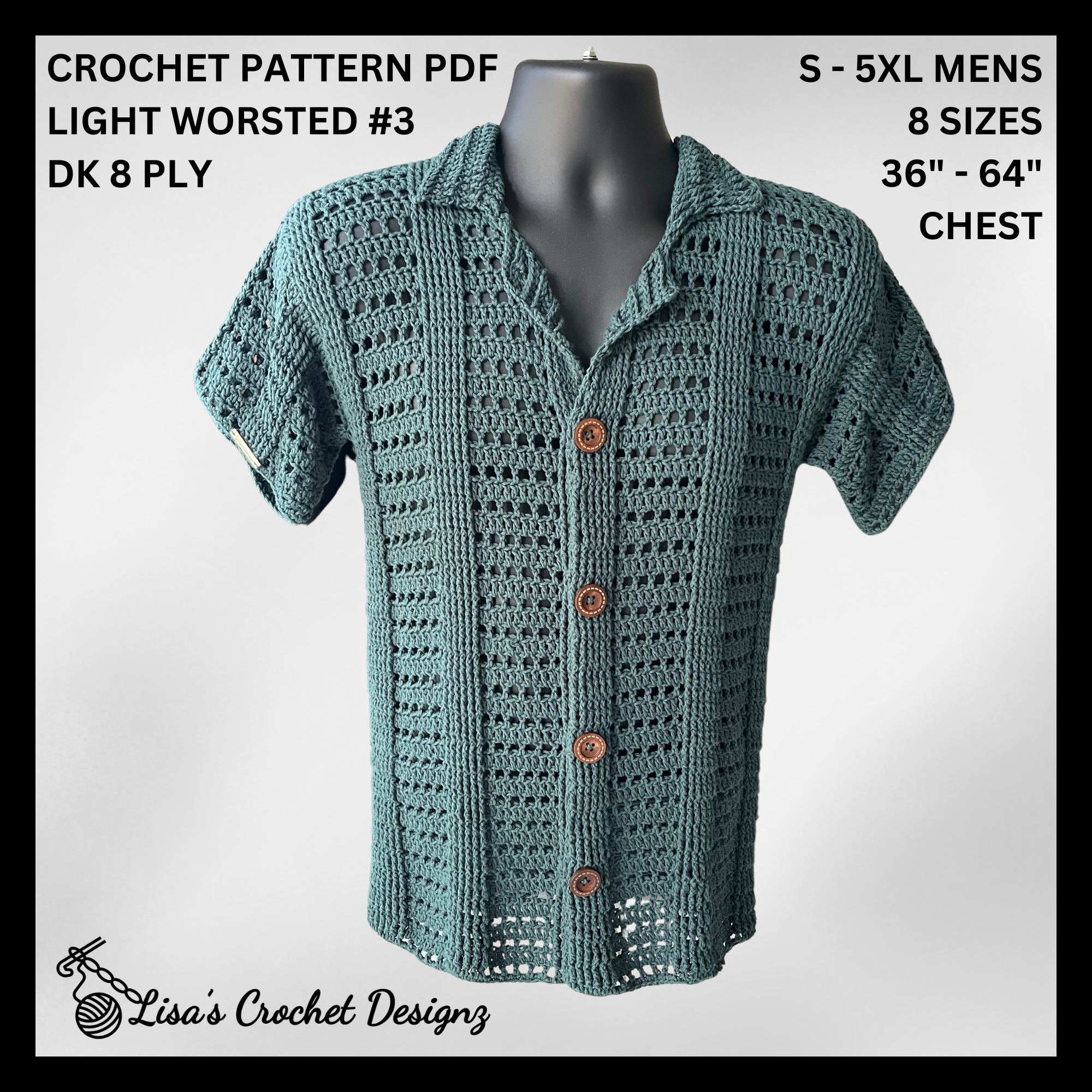 Seabreeze Crochet Pattern – Men's Button-up Shirt (S-5XL) | Digital PDF Pattern in English